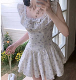 MQTIME  -  New Fairy French Lace Edge Square Collar Sleeveless Dress Y2k Sweet Korean Print Slim Waist Clothes Summer Preppy Style Dress