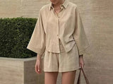 MQTIME  -  Women's Clothing 2025 New Product Comfortable and Simple Pocket Lapel Seven Quarter Sleeve Shirt Shorts Set