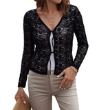 MQTIME  -  Elegant Lace Trimmed V-Neck Blouse with Tie Front Detail and Long Sleeves - Stylish Women s Shirt for Chic Street Style