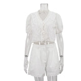 MQTIME  -  Summer Cotton Cut-out Stitching Design Sense Set Women's Summer New V-neck Short Sleeve Lace-up Top Shorts Two-piece Set