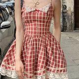 MQTIME  - Vintage Sweet Red Plaid Dress for Women Kawaii Elegant French Style Bow Lace Party Mini Dress Retro Lolita Pleated Dress