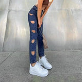 MQTIME  -  Y2K Heart-shaped High-waist Straight-leg Cut-out Ripped Jeans Women's Korean Slim-fit Trousers Casual Pants Streetwear Summer