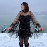  MQTIME  -  Women's Dresses Woman Clothes Evening Dress Sheer Tulle Star-Sequin Dress Party Fashion Long-Sleeve Sexy Mini Gown Outerwears