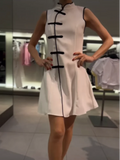 MQTIME  -  Women White Sleeveless Mini Cheongsam Dress Mandarin Collar Chinese Frog Knot Button A Line Dresses Lady Fashion Party Robe
