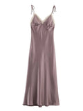  MQTIME  -  Sexy V-neck Backless Sling Long Dress Women Fashion Sleeveless Lace Patchwork High Waist Pleated Dresses Female Chic Party Robe