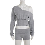 MQTIME  -  American Fashion Sexy 2pcs Off Shoulder Long Sleeve Lace Up T-Shirts Slim Shorts Matching Set Party Clubwear Spicy Girl