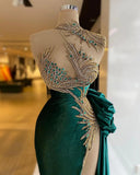 MQTIME  -  Unique Crystals Emerable Green Prom Dresses High Neck Beaded Evening Dress Custom Made Sleeveless Ruffles Party Gown
