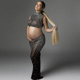 MQTIME  -  2Pcs/set Shiny Rhinestone Maternity Dresses For Photo Shoot Sexy Goddess Stretch Fabric Skirt For Pregnancy Photo Accessory