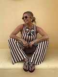 MQTIME  -  Fashion Striped Printed Sleeveless Women Tops Suits Casual O Neck Straight Pants Sets 2024 New Chic Female Office Outfits