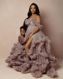 MQTIME  -  Dusty Pink Ruffled Tulle Maternity Dress Mom and Daughter Photoshoot Gown Corset Back Pregnancy Photography Dresses