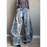  MQTIME  -  American Retro Washed Denim Jeans with Distressed and Printed Design, Loose and Wide-leg Streetwear Pants for Women