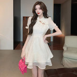 MQTIME  -  2024 Summer New Design Feel Pure Desire for Open Back Improvement Qipao Style Fluffy Dress Chinese  Short sleeved Short Skirt