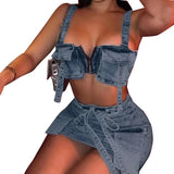 MQTIME  - Women Denim Cargo Two Piece Set Multi Pockets Zipper Spaghetti Straps Crop Tops Bodycon Mini Skirts with Lace Up Belt Jeans Suit