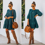 MQTIME  -  Women's S-XL Size Autumn and Winter Women's Printed Split Long Sleeve Bubble Sleeve Dress INS Fashion Slimming Versatile New