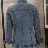 MQTIME  -  Women's Ruffled Denim Jacket Chic Button Slim Fit Short Coat for Spring Autumn Versatile Long Sleeve Solid Color Top