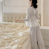 MQTIME  -  Spring New Lace Pajamas Suit Princess Style Nightwear  Rayon Stain Solid Long Sleeve Deep V-Neck Home Clothes