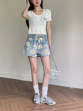 MQTIME  -  Women's Summer New Daisy Printed Denim Shorts Street High Waisted A-line Wide Leg Bottoms Casual Female Straight Mini Pants