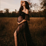 MQTIME  -  Pregnant Women Photography Dress Transparent Mesh Studded Pearl Sequin Two-Piece Set Maternity Photography Props Dress