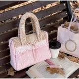 MQTIME  -  Sweet Utility Tote, Plush Deer Spot Bag With Lace Bow, Lolita Style Large Capacity Crossbody, Brown Pink Soft Shoulder Bag