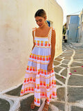 MQTIME  -   Halter Lace Up Print Dress Cake Contrast Color Pleated Layered Suspender Baggy Women Beach Strap Long Dresses Fuffy Robes Summer