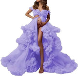 MQTIME  -   Sexy Maternity Gowns Photoshoot V Neck Ruffles A Line Sweep Train Tulle Pregnant Women Maternity Dresses for Photo Shoot