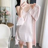  MQTIME  -  Sexy Fashion Lace Splicing Robe Outfits Elegant Women V-Neck Spaghetti Strap Nightdress Robe 2Pcs Set Summer Home Clothes