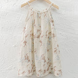 MQTIME  -  Vintage 100% Linen Flower Print Girls Dress With Pockets Summer New Baby Girl Sleeveless Casual Loose Spaghetti Strap Dresses