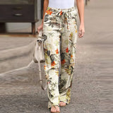 MQTIME  -  Women S Printed Cotton Linen Casual Pants Elastic Waist Comfortable Loose Fit Long Trousers Ready To Ship Stock Available