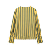 MQTIME  -  Autumn New Female Chic Blouse Women's Loose Fit Striped Print Shirt O-neck Puff Sleeve Single Breasted Simple Casual Top