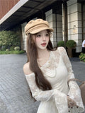 MQTIME  -  French Diagonal Neck Lace Splicing Dress Women Autumn New Temperament Lotus Leaf Edge Waist Long Sleeve Short Vestido