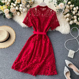 MQTIME  -  Summer New Mid Length Dress Women Dresses A Line Vestidos Hollow Out Round Neck Short Sleeve Single Breasted Elegant High Waist