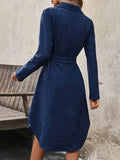 MQTIME  -  New Solid With Belt Corduroy Long Sleeve Winter Dress Office Party Button Open Mid-Length Skirt Elegant Autumn Women's Clothing