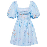 MQTIME  -  Taffeta Bubble Sleeve Pleated High Waist Dress Long Short Plaid Dress Small Dress New Arrival Blue Printed Dress