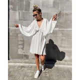 MQTIME  -  Women Elegant Solid Loose Cotton Dress Summer Casual Long Sleeve Ruffle Dress Ladies Fashion V Neck  A-line Party Dress Vestido