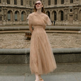 MQTIME  -  Romantic Tulle Lace Midi Prom Dress for Wedding Guest Fashion Soft Mesh Cocktail Party Gowns Dreamlike Evening Formal Dresses