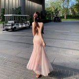 MQTIME  -  Women Strap Watercolor Floral Mermaid Long Dress Lace Trim V Neck Summer New Bodycon Tulle Hem Elegant Vacation Party Maxi Dress
