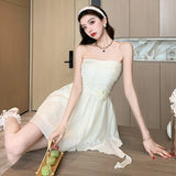 MQTIME  -  2024 Summer New Slightly Drunk Sweet Tea Heavy Industry Bra Dresses with Narrow Waist and Irregular A-line Short Skirt Spicy