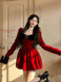 Mqtime Women's Red Velvet Dresses Square Collar Long Sleeve Bow Heart Design Mini Dress Autumn Winter Female Party Dress Christmas