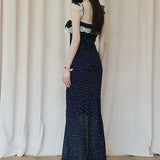 MQTIME  -  French Style Vintage Polka Dot Long Dress Summer Stylish Lace Patchwork Female Clothing Flying Sleeve Elegant Bag Hip Dresses