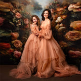 MQTIME  -  Light Orange Long Sleeve Off Shoulder Mom and Me Matching Dresses Birthday Dresses 2023 Family Photoshoot Mother and baby Gown