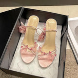 MQTIME  -  Luxury Bowknot Super High Heel Ankle Strap Sandals Women Summer Sexy Cross Strap Stilettos Sandals Woman Pink Wedding Shoes