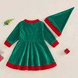 MQTIME  -  1-5Y Little Kids Girls Christmas Dress 2pcs Long Sleeve Patchwork Velvet A-line Knee Length Dress with Hat for Party