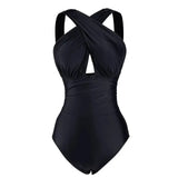 MQTIME  -  Women Bandage Swimwears Pleated Wide Shoulder Strap Cross Bikinis Solid Color High Waist One-piece Swimsuit