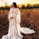  MQTIME  -  Long Train Boho Maternity Photo Shoot Long Dress Beige Lace Pregnant Woman Photography Props
