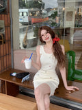MQTIME  -  Summer New Fashion Women Dress Casual Simple Style Square Collar Vest Beading Slim A Line Short Knitted Dresses