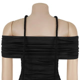 ﻿ MQTIME  -  Street Women Slash Neck Halter Ribbon Ruched Mini Dress 2025 Fall Evening Sexy Party Beach Vacation Dresses Vestidos