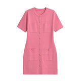 MQTIME  -  Gold Button Pocket Knitted Short Dresses Solid Color Round Neck French Simple Slimming Fashion Single Breasted Straight Dress