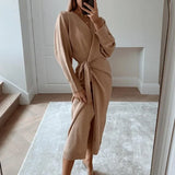 MQTIME  -  New Ladies Autumn and Winter Style Elegant Sexy V-neck Solid Color Long Women's Lace Bandage Sweater Robe Sweater Wrap Dress