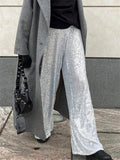  MQTIME  -  Women Sequin Wide Leg Pants Stretchy High Waist Loose Straight Trousers Club Party Elegant Long Pants Streetwear