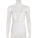 MQTIME  -  Rivet Swinging Collar Lace Up Halter Backless Tanks Tops Women Sexy Solid Sleeveless Casual Streetwear Camis All Matching Vests